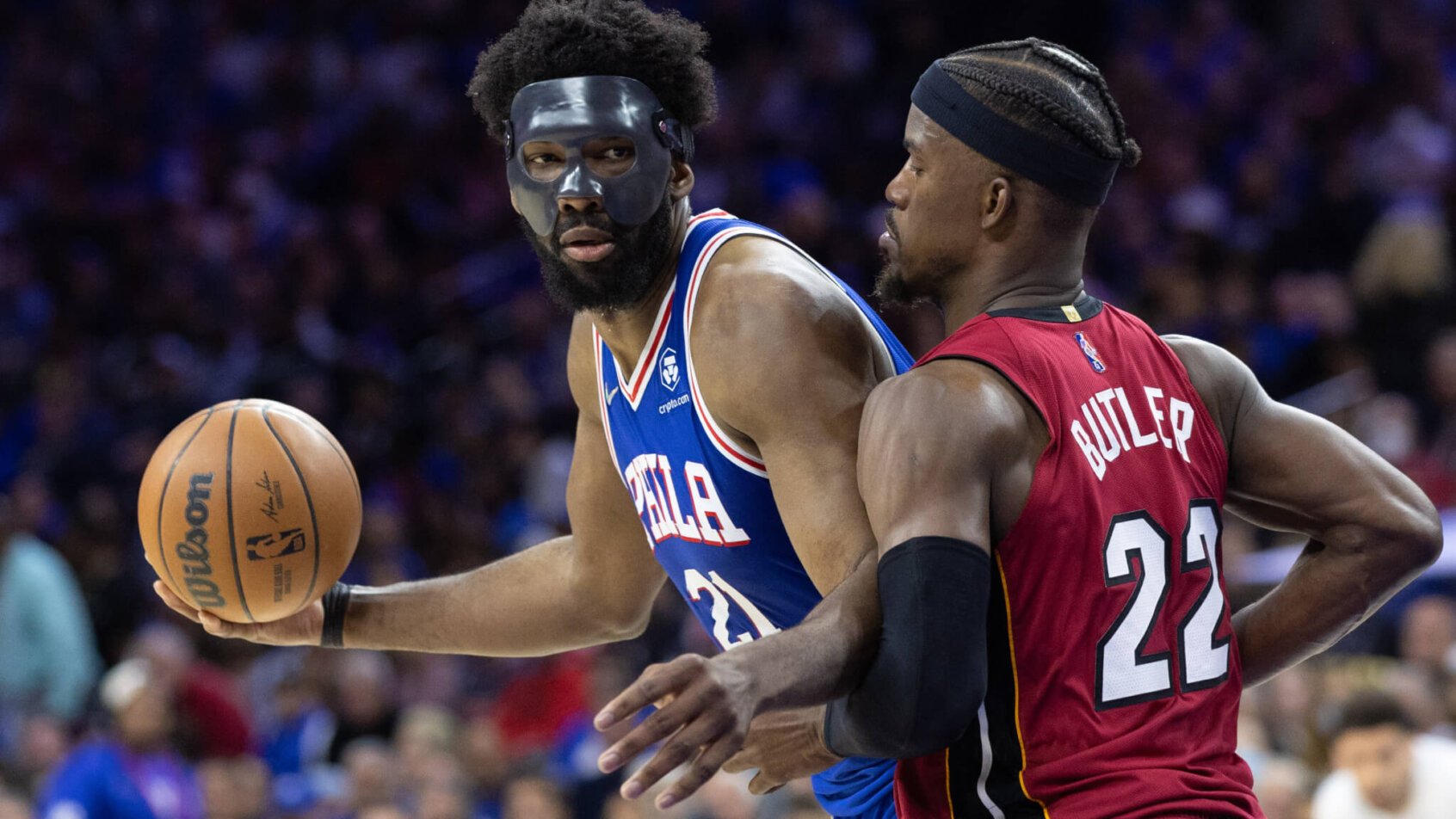 Joel Embiid defended by Jimmy Butler