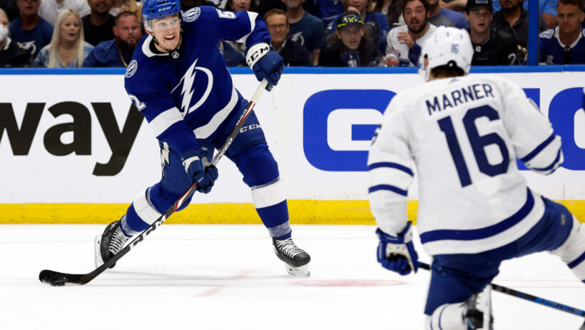 Mitch Marner gets in front of a slapshot