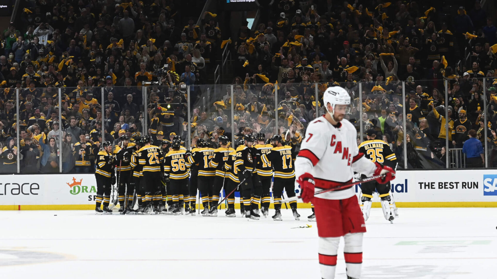 Boston Bruins celebrating after a win over Carolina