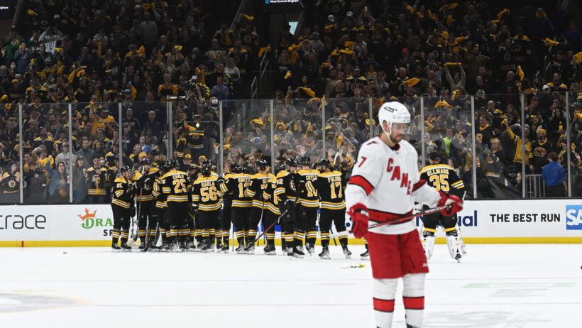 Boston Bruins celebrating after a win over Carolina