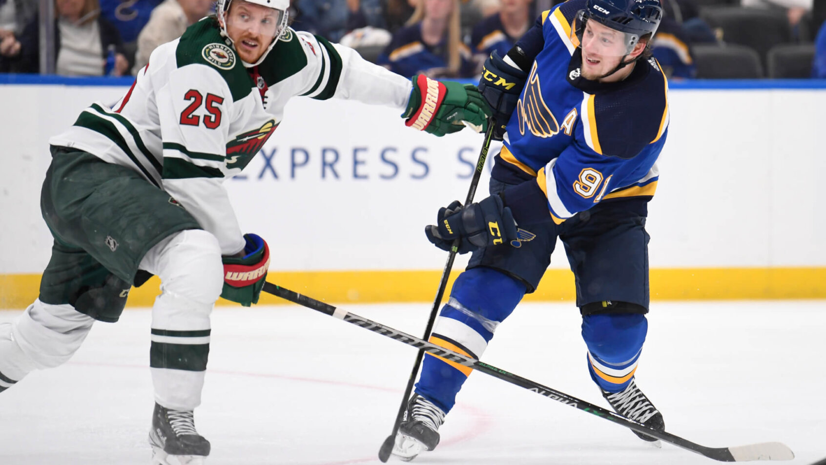 Minnesota Wild defenseman Jonas Brodin blocking a shot from St. Louis Blues right wing Vladimir Tarasenko