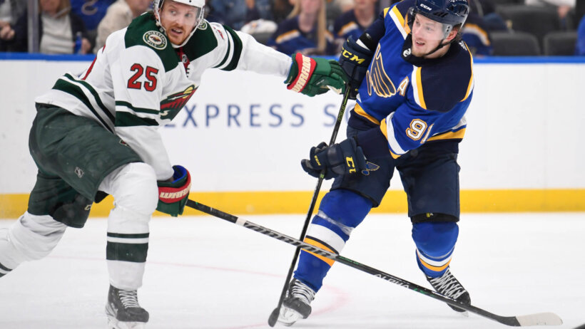 Minnesota Wild defenseman Jonas Brodin blocking a shot from St. Louis Blues right wing Vladimir Tarasenko