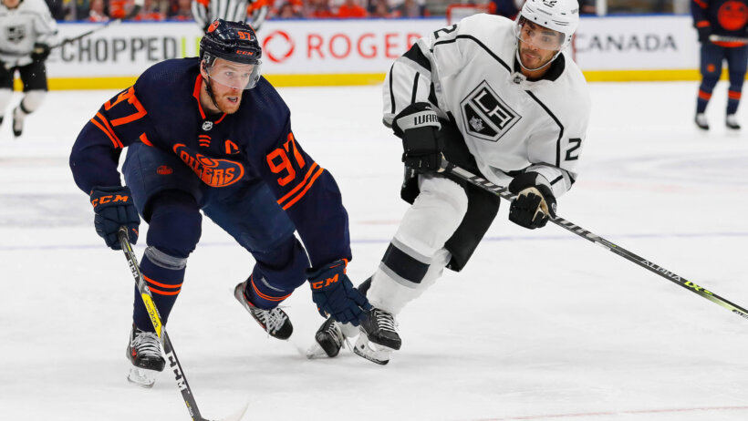 Edmonton Oilers forward Connor McDavid carrying the puck up the ice