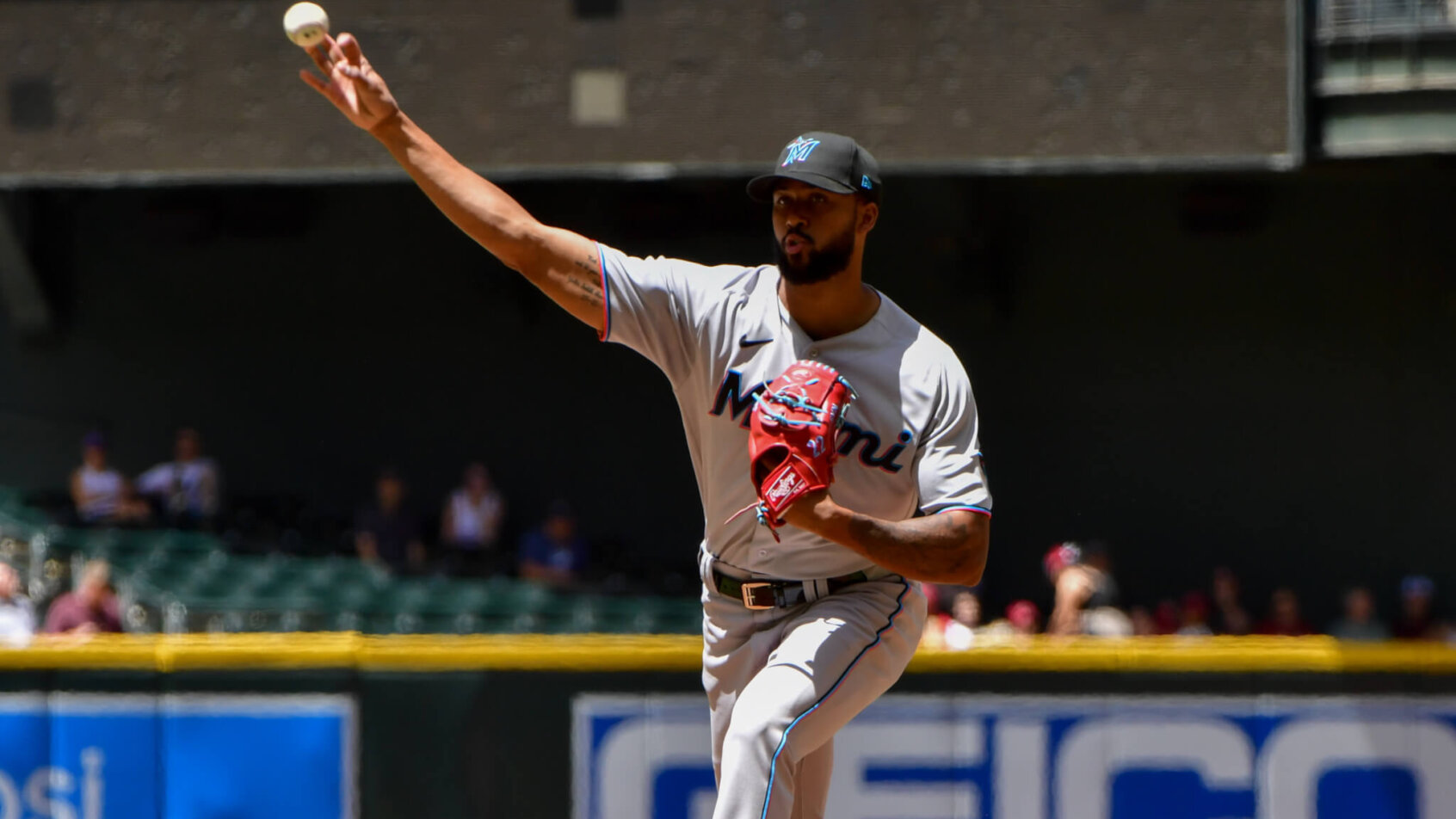 Miami Marlins starting pitcher Sandy Alcantara throwing a pitch