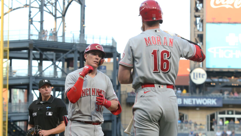 Cincinnati Reds catcher Tyler Stephenson celebrates his solo home run with first baseman Colin Moran