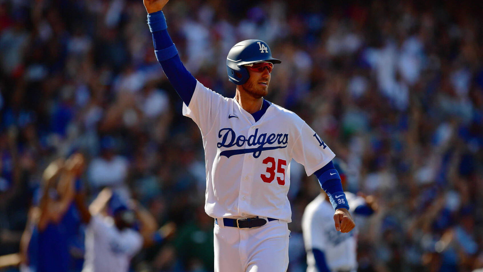 Cody Bellinger celebrates a walk-off win