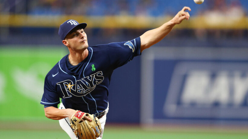 Tampa Bay Rays starting pitcher Shane McClanahan delivering a pitch