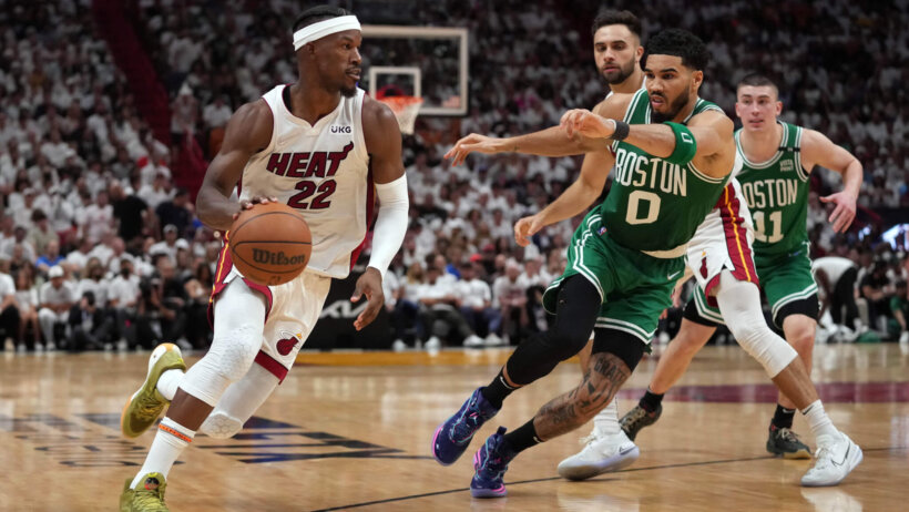 Jimmy Butler defended by Jayson Tatum