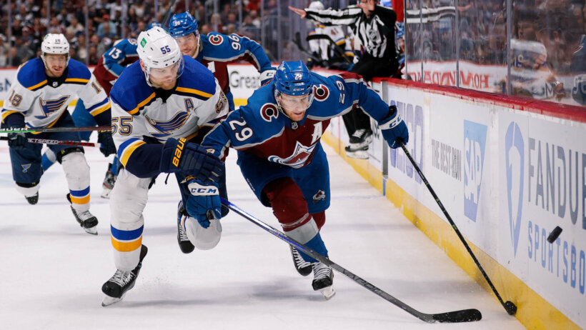 Colton Parayko defending Nathan MacKinnon
