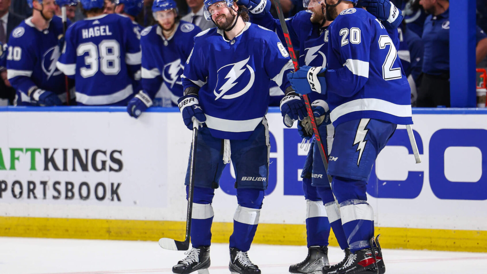 Tampa Bay Lightning players celebrating a goal