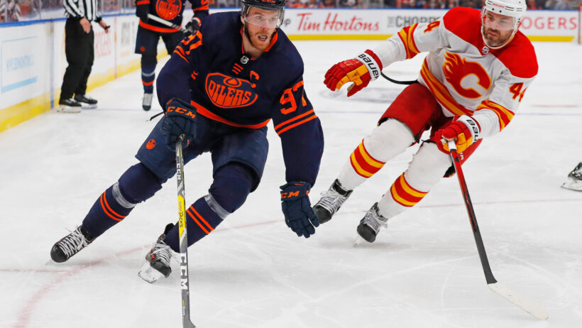 Edmonton Oilers forward Connor McDavid carrying the puck
