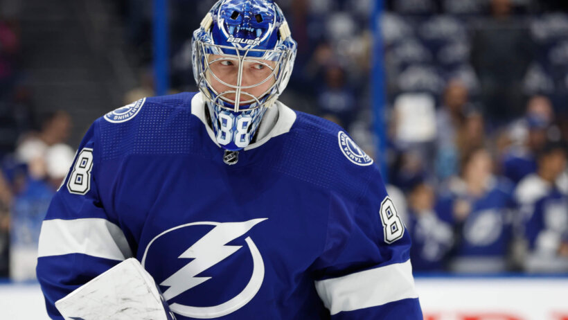 Tampa Bay Lightning goaltender Andrei Vasilevskiy warming up