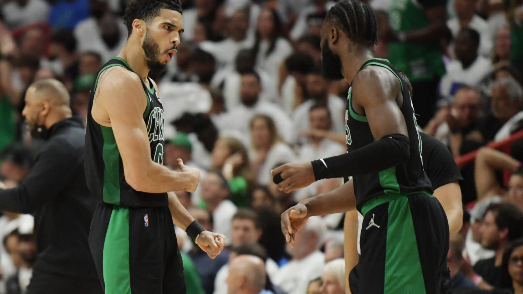 Jayson Tatum and Jaylen Brown celebrate