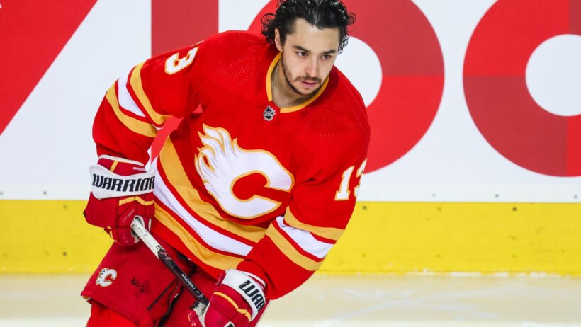 Calgary Flames left wing Johnny Gaudreau skates during warmups