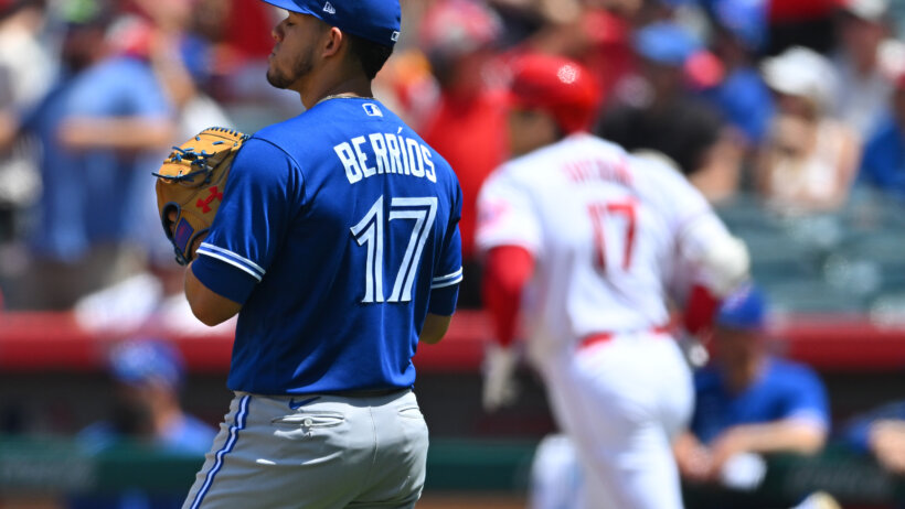 Jose Berrios reacts to home run, Toronto Blue Jays