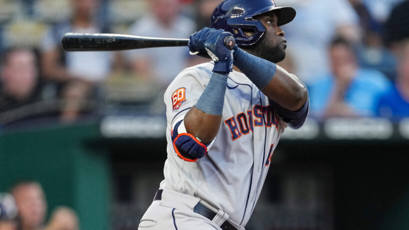 Houston Astros left fielder Yordan Alvarez hitting a home run