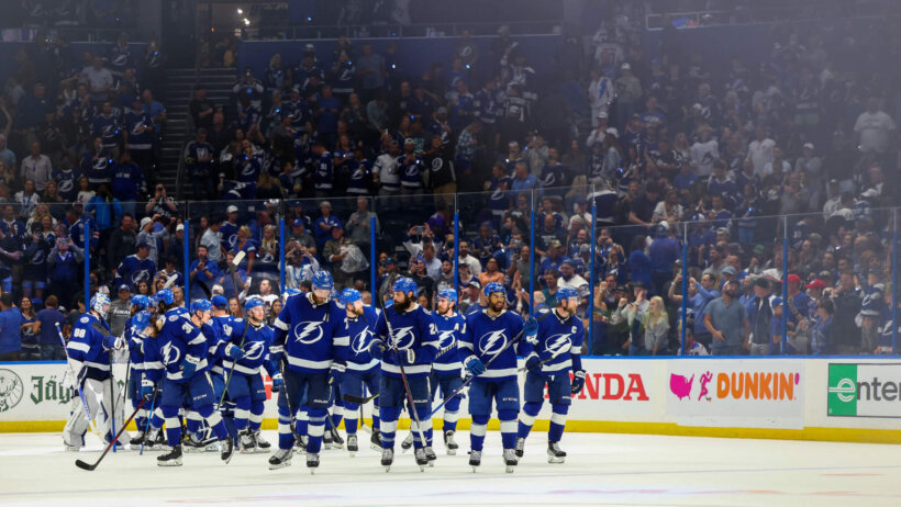 Tampa Bay Lightning players celebrate a win