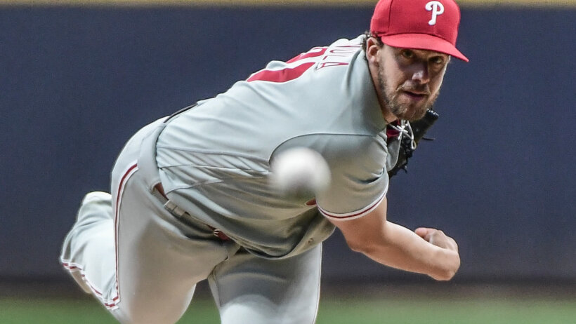 Philadelphia Phillies pitcher Aaron Nola delivering a pitch