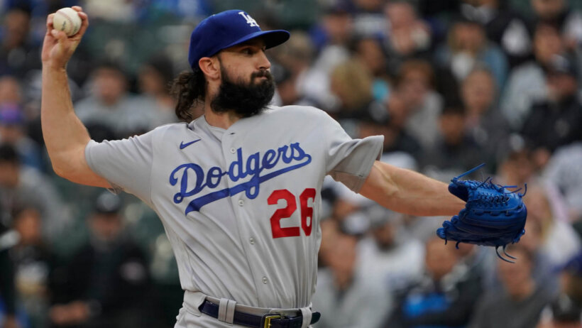 Los Angeles Dodgers starting pitcher Tony Gonsolin throwing a pitch