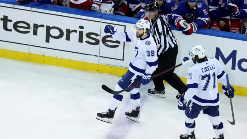 Tampa Bay Lightning left wing Brandon Hagel celebrating a goal
