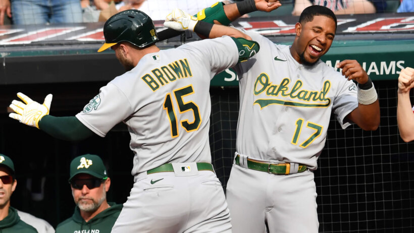 Oakland Athletics celebrate vs Cleveland Guardians