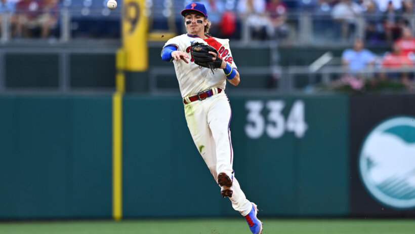 Bryson Stott throws to first, Philadelphia Phillies