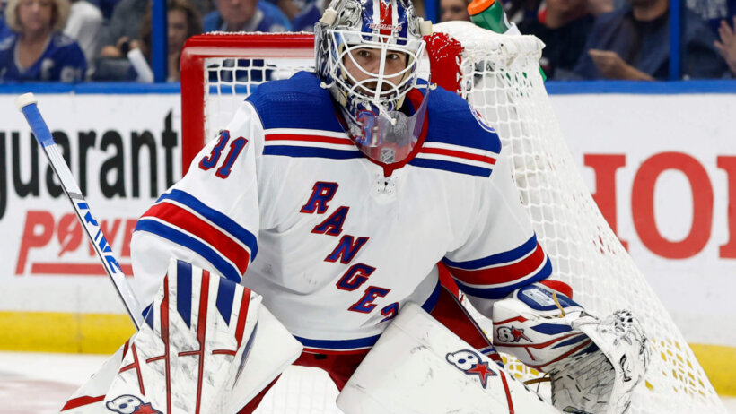 Igor Shesterkin, the favorite in the 2023 Vezina Trophy odds, looks on against the Tampa Bay Lightning