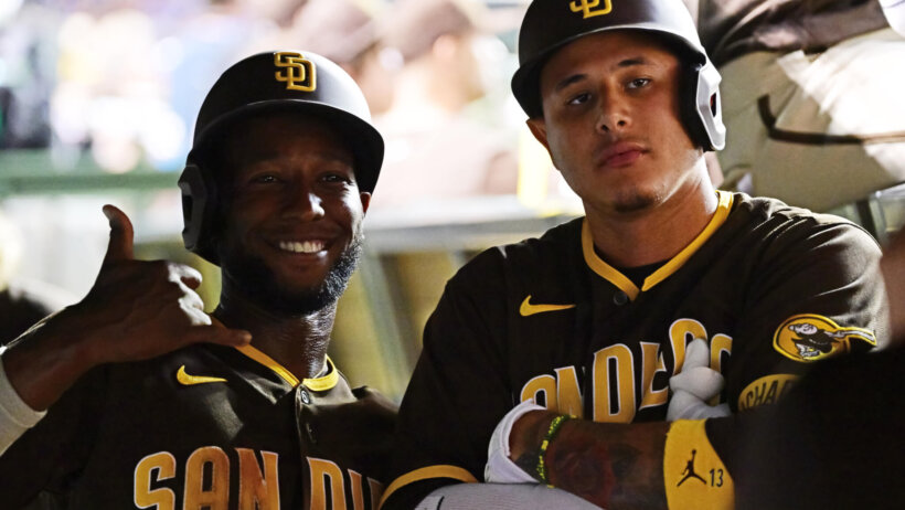 San Diego Padres third baseman Manny Machado and left fielder Jurickson Profar pose after a home run