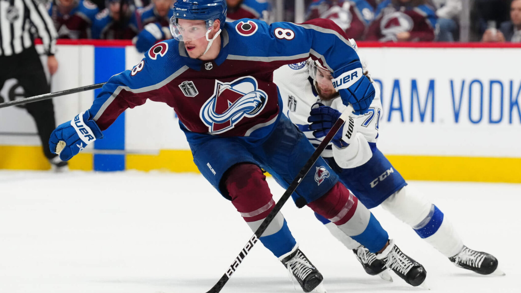 Colorado Avalanche defenseman Cale Makar skating with the puck