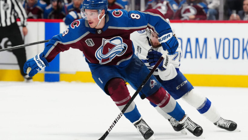 Colorado Avalanche defenseman Cale Makar skating with the puck
