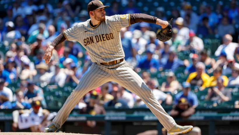San Diego Padres starting pitcher Joe Musgrove throwing a pitch to home plate