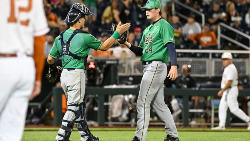 Notre Dame Fighting Irish pitcher Jack Findlay high-fives catcher David LaManna after a win