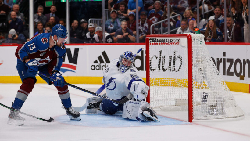 Tampa Bay Lightning goaltender Andrei Vasilevskiy makes a save against Colorado Avalanche right wing Valeri Nichushkin