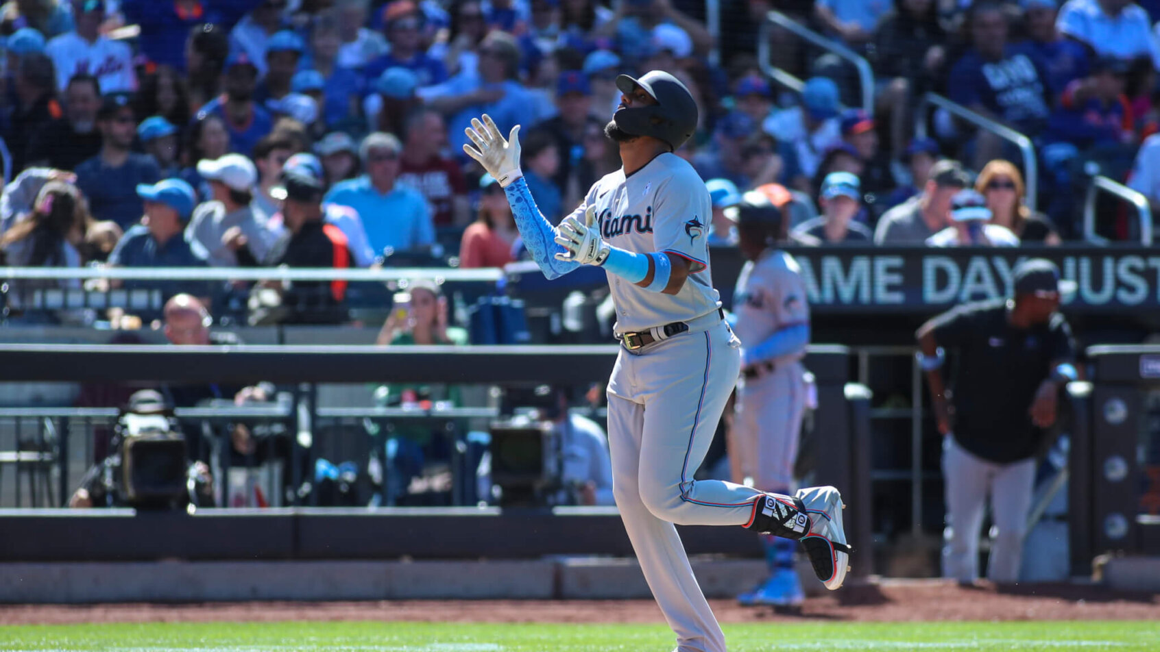 Miami Marlins right fielder Jerar Encarnacion celebrates a grand slam