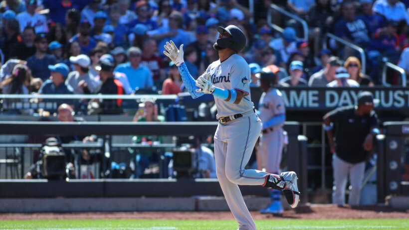 Miami Marlins right fielder Jerar Encarnacion celebrates a grand slam