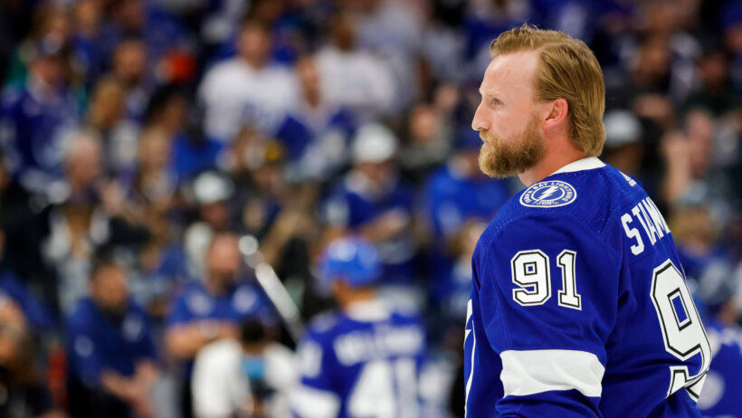 Steven Stamkos on the ice in warmup