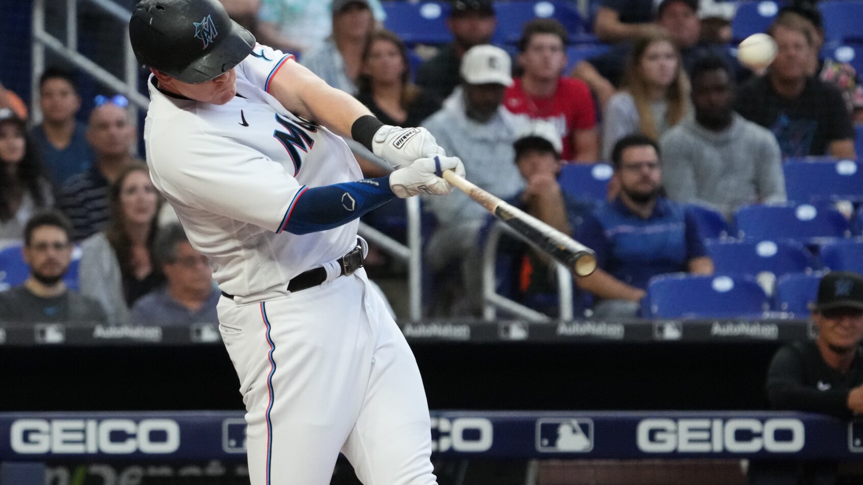 Miami Marlins designated hitter Garrett Cooper hitting a home run