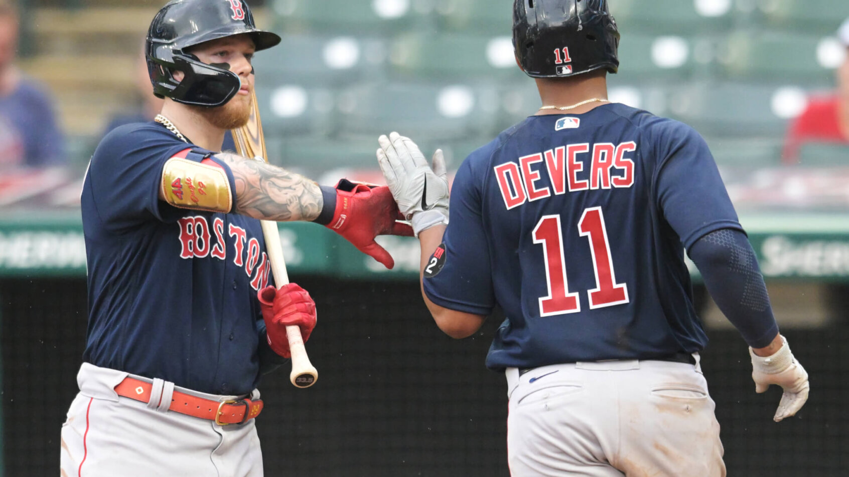 Rafael Devers celebrating with Alex Verdugo