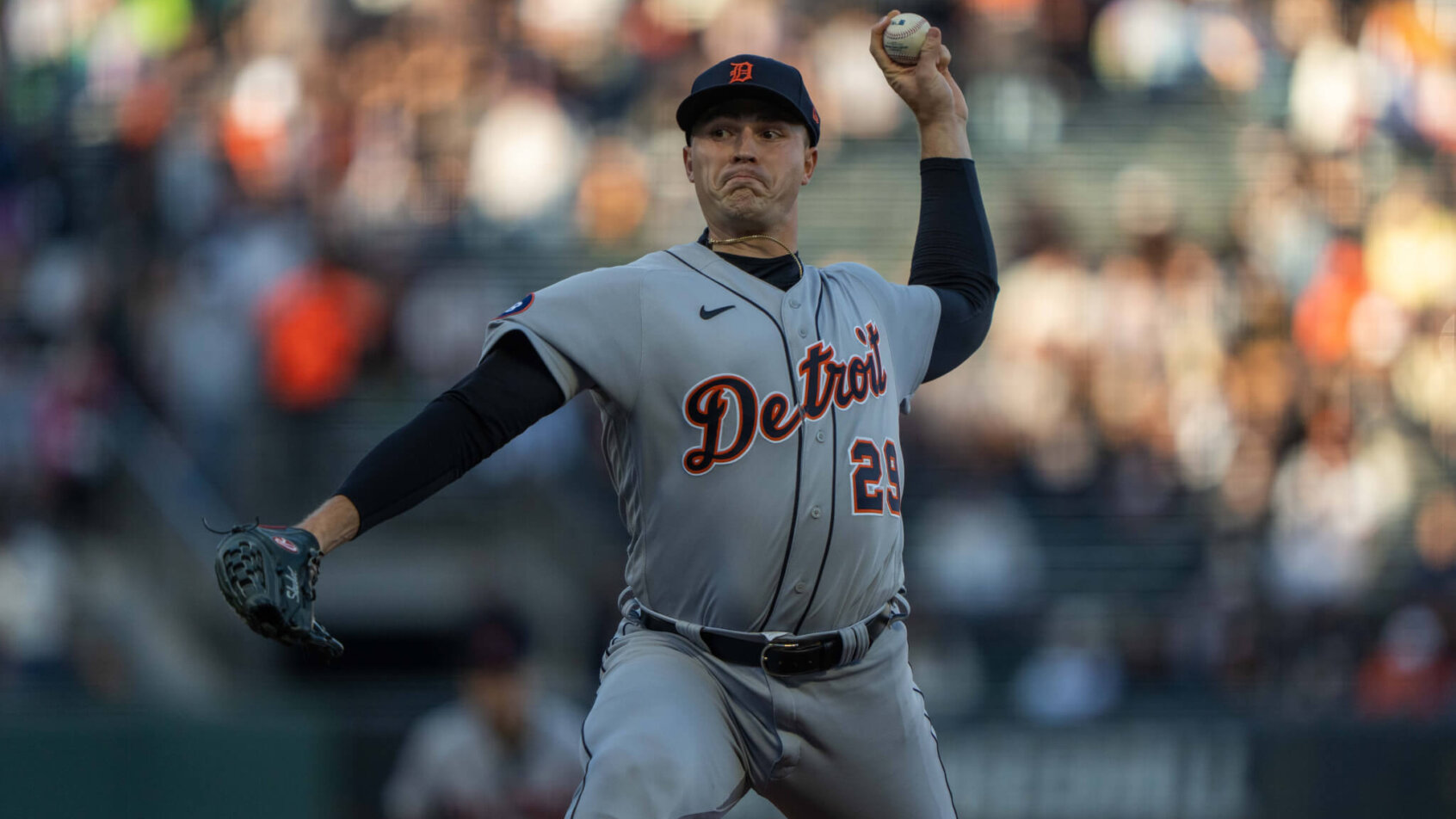 etroit Tigers starting pitcher Tarik Skubal delivering a pitch