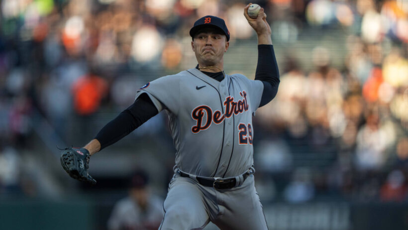 etroit Tigers starting pitcher Tarik Skubal delivering a pitch
