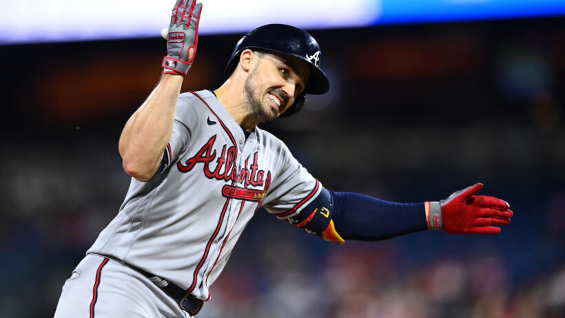 Atlanta Braves outfielder Adam Duvall rounding the bases after a home run