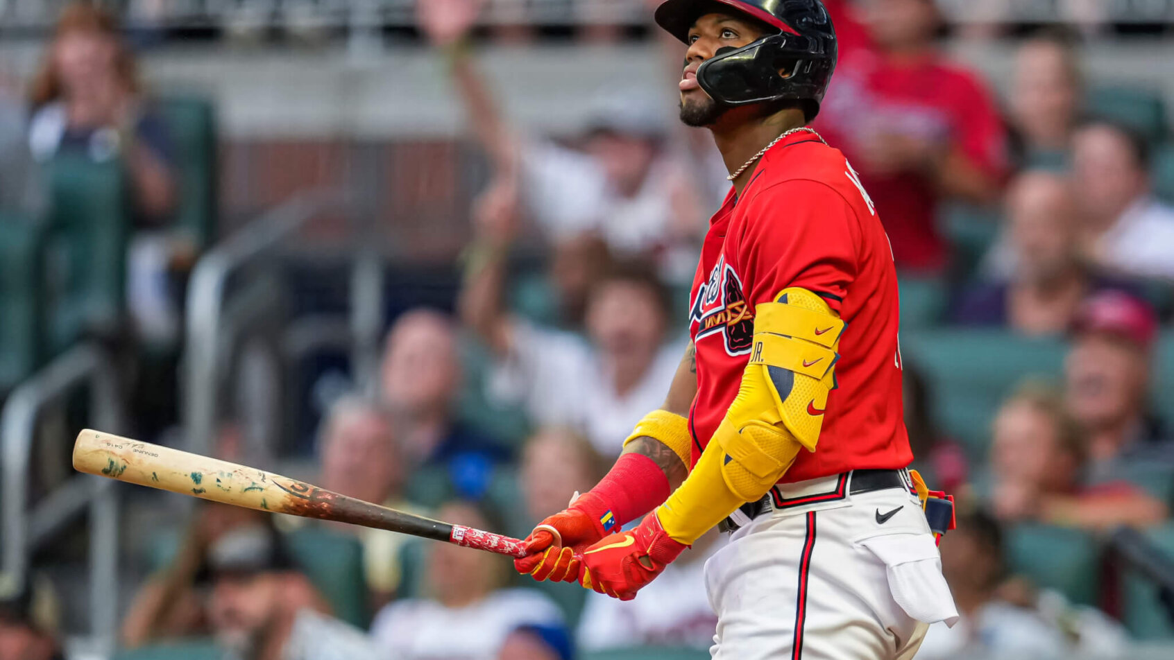 Ronald Acuna Jr watches ball after swing