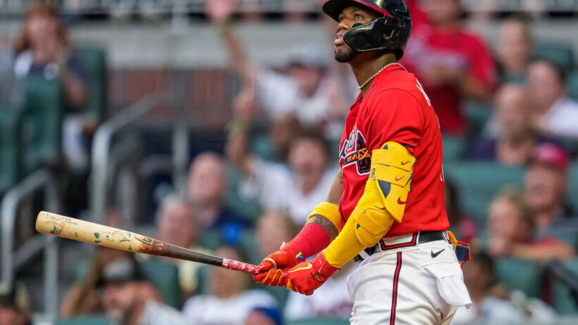 Ronald Acuna Jr watches ball after swing