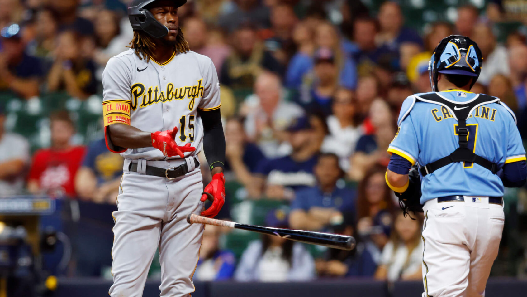 Pittsburgh Pirates shortstop Oneil Cruz walking back to the dugout after a strikeout
