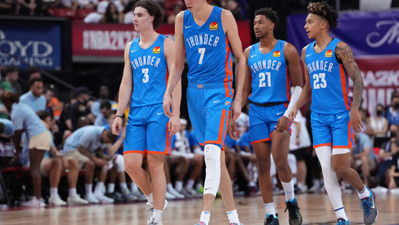 Oklahoma City Thunder forward Chet Holmgren walking up the court with teammates