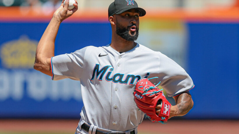Marlins starting pitcher Sandy Alcantara throwing a pitch
