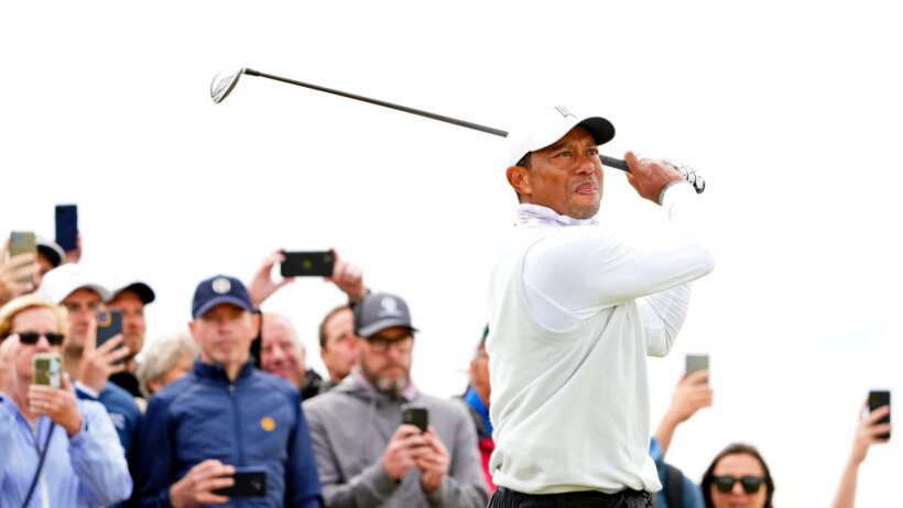 Tiger Woods tees off on the seventh hole during the second round of the 150th Open Championship