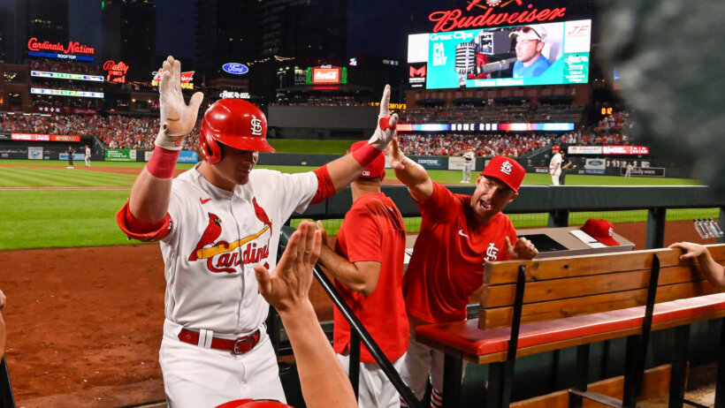 Nolan Gorman celebrates home run, St. Louis Cardinals