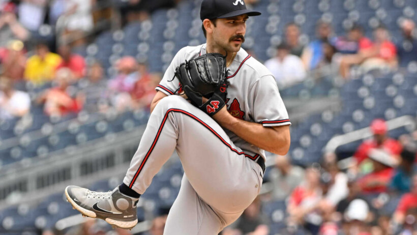 Atlanta Braves starting pitcher Spencer Strider getting set to throw a pitch