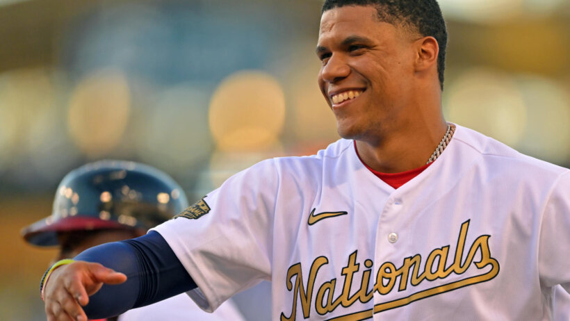 National League outfielder Juan Soto smiling at the All-Star Game